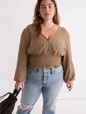 Madewell Smocked Top Size 3X Brown Julianne Long Puff Sleeve V-Neck Boho Peasant